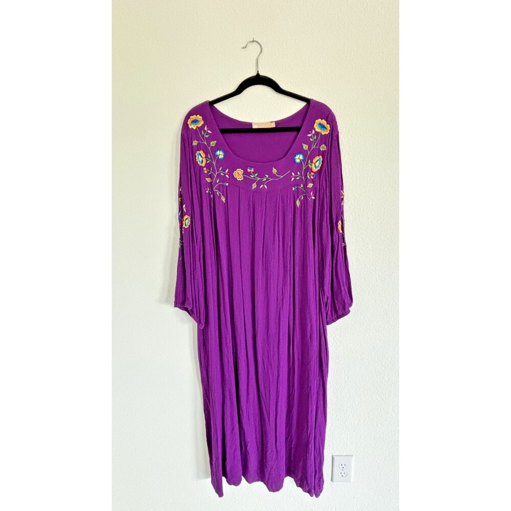 La Cera Purple Crinkle Rayon Embroidered Maxi Dress 3X Pockets Boho Chic Folk